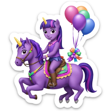 twillight sparkle mlp holding colorful balloons tied to its saddle, looking cheerful. sticker