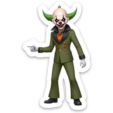 evil clown, bald, short black devil horns on forehead, fangs, pointed ears, black and military green leisure suit with bellbottom pants, realistically proportioned, less bulky, full body, battle-ready, fighting posture sticker