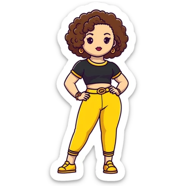 Full body teenage girl with curly brown hair, heavy makeup, big lips, crop top, gold jewelry and flashy choni style outfit sticker