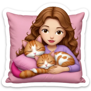 girl with long wavy brown hair, brown eyes, long lashes makeup, sexy pink lips, light to medium complexion,  sleeping on a cozy pillow, with 6 cats: 1 brown tabby cat, 1 ginger and white cat, 2 grey and white cats, 1 grey with white mittens and small white patch on chest cat and 1 calico cat sticker