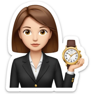 A buissnes Woman with Brown hair and a Gold watch sticker