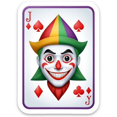 1 poker card, perfectly squared card, with crazy colorful human jolly joker inside, star symbol with a "J" sticker