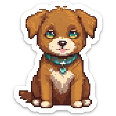 A cute cartoon dog, brown fur, playful pose, sitting. sticker