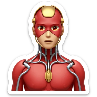 3D render of Neural Link, futuristic cyborg aesthetic, fusion of organic skin and chrome metal, gold brass valves mixed with red muscle tissue, exposed wiring, emoji style, isolated on white background --v 6.0. sticker