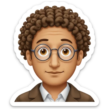 Jewish man with yamaka, extremely large nose, 3 curly strands of hair coming out from the top of his head on each side, give him small circular glasses too sticker