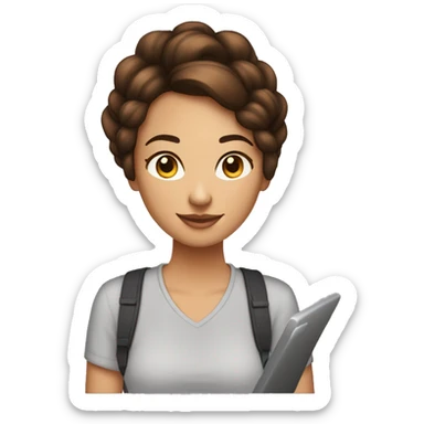 Femme freelance 27 ans avec chignon bouclé brune, sur son ordinateur portable sticker