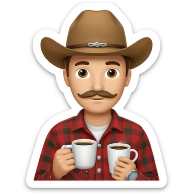generate an ios genmoji of a 20 year old tan boy with a cowboy hat and horseshoe mustche. Wearing a flannel and carrying a coffee mug sticker