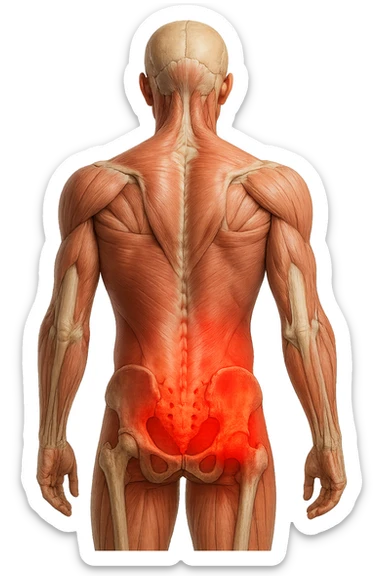 CORPO UMANO ANATOMICO REALISTICO DI SPALLE CON DOLORE ALLA LOMBARE INFIAMMATA, DOLORE ALL'ANCA, IPERREALISTICO 4K sticker