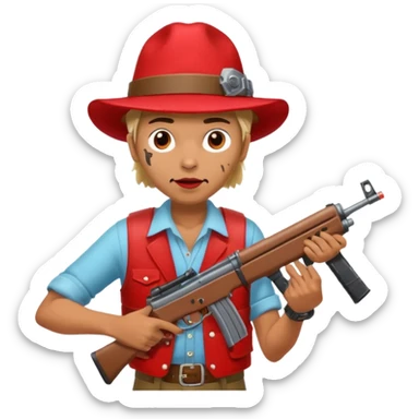 Yodeling mountain climber in Switzerland with a machine gun pointing to the right, full body. in the style of your bleeding skull art make him look like the price is right game sticker