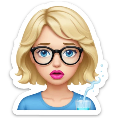 Blonde woman with short wavy hair, blue eyes and pink lips wearing black glasses vomiting  sticker