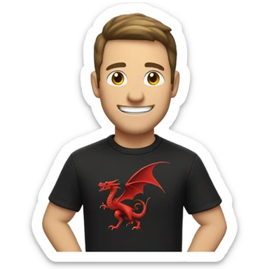 a white man with a smile on his face and with his right arm raised in the air, bent at the elbow, wearing a black sweatshirt with a red dragon, dark hair sticker