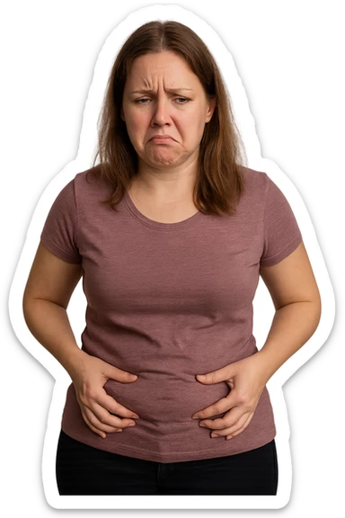 realistic woman isolated on transparent background, holding her belly or showing dissatisfaction with her body weight, 2:3 aspect ratio sticker