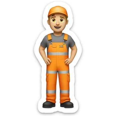 Caucasian male standing wearing orange hi visibility overalls  sticker