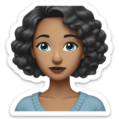 woman with black wavy hair with blue eyes and tan skin and off shoulder light blue sweater sticker