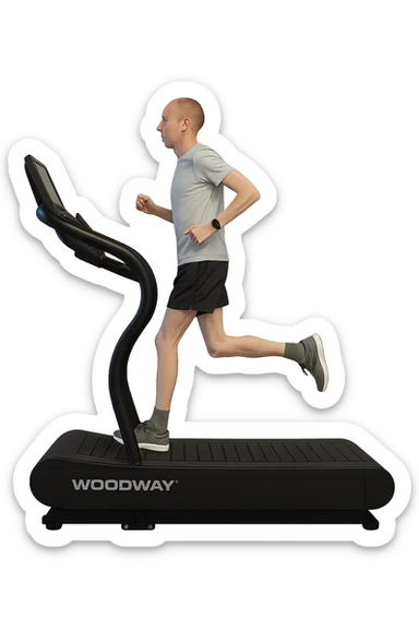 uomo che corre sul tapis roulant ma è secco e senza muscoli. sticker