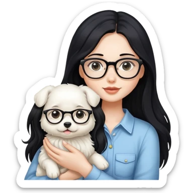 A beautiful girl with long black hair and glasses is holding a long-haired white puppy sticker