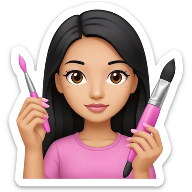 Pink Nail Tech with black long hair holding small acrylic brush sticker