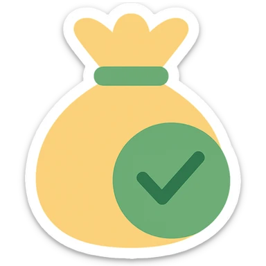 money bag with a large green check mark overlay, simple and bold sticker