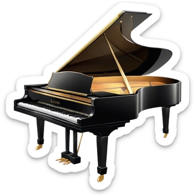 Cinematic Realistic Piano, glossy black grand piano with elegantly curved edges, pristine white and black keys, soft golden light reflecting off its polished surface, faint reflections of a musician’s hands, glowing with refined elegance and musical depth. sticker