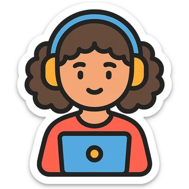 curly hair girl with headphones and a laptop, color outline icon sticker
