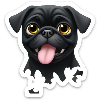 Black pug , surrounded by flowers, holding a green sign that says “good luck”  sticker