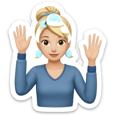 blonde woman with bun in casual clothes waving sticker