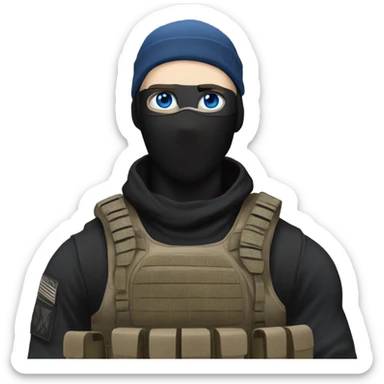 male, pale skin, call of duty black face mask, camo tactical gear, combat boots, black beanie, blue eyes sticker