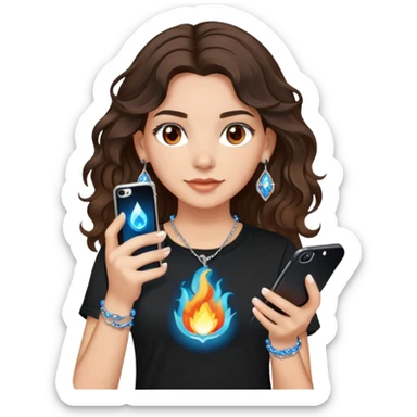 brunette girl with wavy medium length hair, brown eyes, light/medium skin tone, holding iPhone and light phone, wearing black tee shirt with flame pattern on it, small silver hoop earrings with blue gem stars, and colorful beaded charm necklace sticker