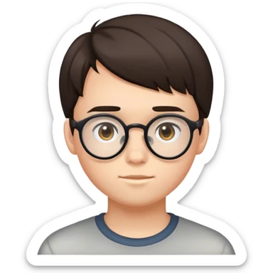 15 year old with dark brown hair with a hair cut that coveres his forehead has glasses and a round head sticker