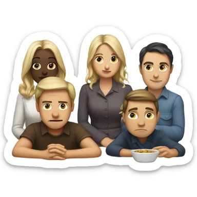 6 Caucasian people sitting around a table looking unhappy sticker