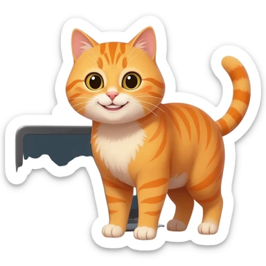 Cat smiling in front of a laptop with the sun behind him sticker