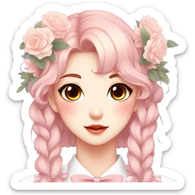 Gorgeous pastel anime style lady with blushing face and flowers and laces and bow ties and pretty hair aesthetic trending style sticker