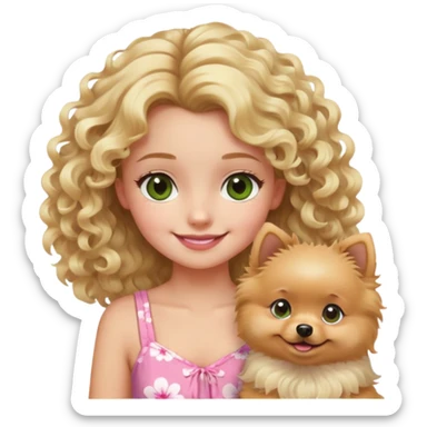 smiling girl with blonde curly hair and brown/Green eyes with a Blond Pomerania in a pink summer dress  sticker