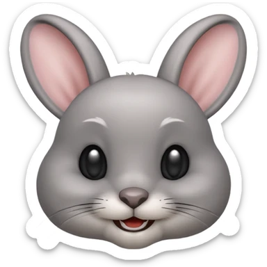 Head of a grey rabbit in Apple emoji style, round face, soft grey fur, big black eyes, perky ears, gently showing two front teeth in a subtle smile, front-facing, clean and glossy look
 sticker