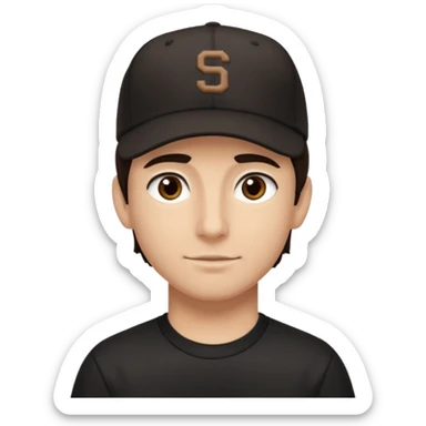 male, dark brown hair, dark brown eyes, fair skin, black baseball hat, dry fit tee sticker