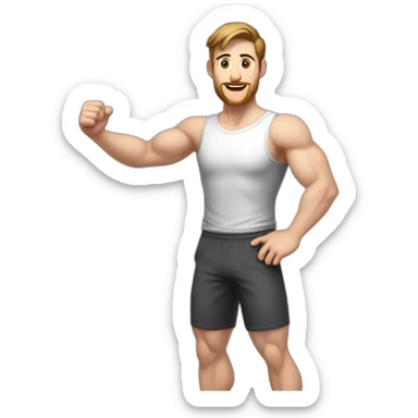 Full height Actively gesturing with hands Pale skinned Fit Man With the biceps and brown hair in dark gray Sleeveless Mike, black oversize sports shorts, watch and white Sneakers sticker