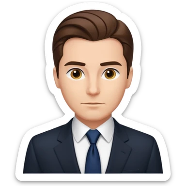 Caucasian man with slicked back brown hair, black suit, navy tie, elegant look sticker