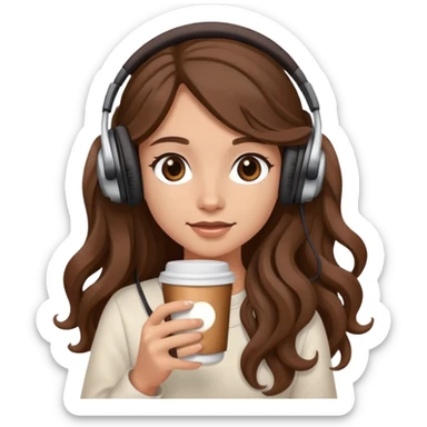 A girl with brown wavy long hair, wearing headphones on her head and holding coffee in her hand sticker