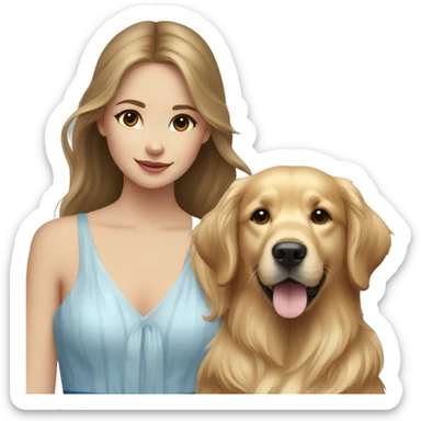 Golden retriever with a girl in white blue dress sticker