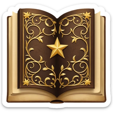 An open, ornately decorated book rendered in a highly detailed. The book's cover, framed with a broad, golden border, is a rich, dark brown, embellished with intricate golden filigree designs, including scrolling vines and decorative stars. sticker