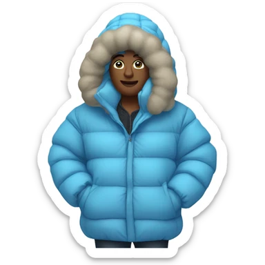 big puffer jacket, sky blue sticker