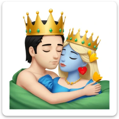 Blonde Queen with crown, Green eyes, naked, kissing man, naked, no crown, black hair, blue eyes, whole Body, Background sleeping room  sticker