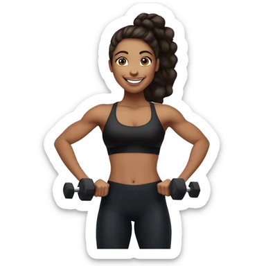 Gym girl lifting weights,bruenette hair blue eyes, smiling wearing black gym leggings sticker
