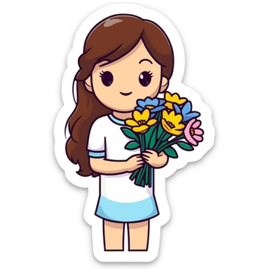 Cool girl with long brown hair holding a bouquet of flowers sticker