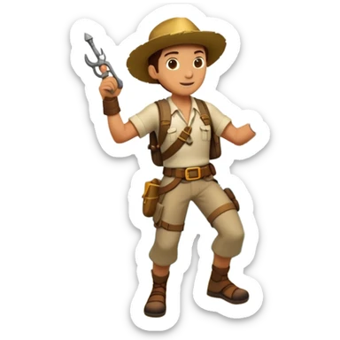 An icon featuring an adventurer in a dynamic action pose, with treasure maps, ancient ruins, and jungle landscapes in the background. The design includes clues, hidden passages, and climbing gear, symbolizing the thrill of exploration and discovery. Transparent background. sticker