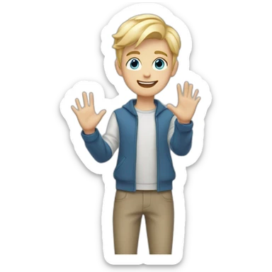 Blonde teen boy with medium short hair, blue eyes, waving hi to the camera sticker