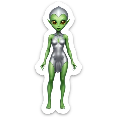 Green Alien woman in silver dress, full figure, scale skin, yellow eyes sticker