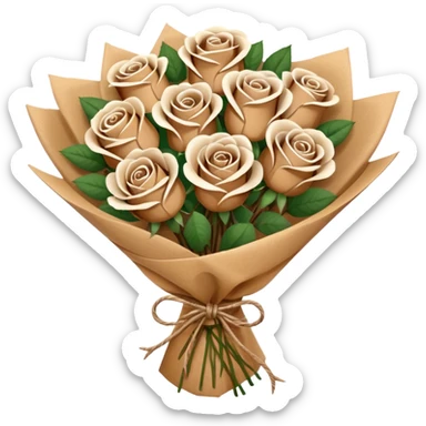 boquet of brown/ white roses in a paper package sticker