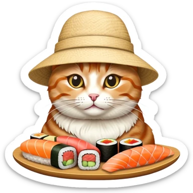 cat wearing a hat made out of sushi sticker