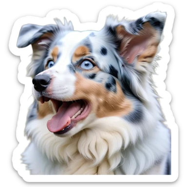 Cinematic Cute Yawning Blue Merle and White Australian Shepherd Portrait Emoji, Head tilted slightly with a dramatic, wide-open yawn, soft blue merle fur with crisp white accents, floppy ears slightly drooping, round blue eyes barely open in drowsy contentment, Simplified yet irresistibly adorable features, highly detailed, glowing with a soft, cozy glow, high shine, relaxed yet expressive, stylized with a touch of whimsy, bright and endearing, soft glowing outline, capturing the essence of a sleepy yet affectionate pup, so drowsy it feels like it could stretch right out of the screen and curl up for a nap! sticker